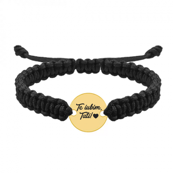 Bratara argint banut 16 mm si snur negru impletit - personalizata cu text - placat cu aur galben de 24 karate Bratara argint banut 16 mm si snur negru impletit - personalizata cu text - placat cu aur galben de 24 karate